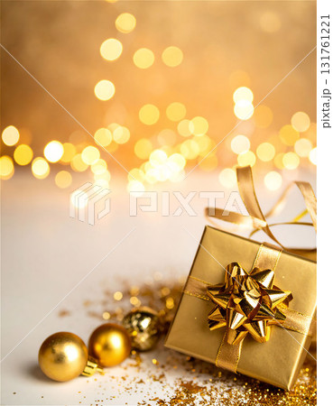 ゴールドリボンのプレゼントボックス　バッククリスマスイメージ 131761221
