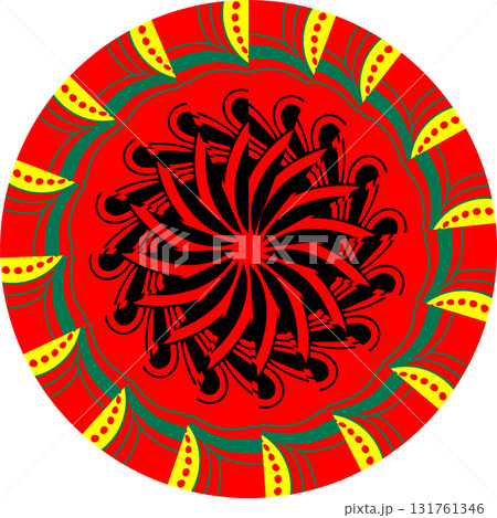 circular mandala design with black spiral core red rings yellow teardrops and green band in bold symmetrical layout circular mandala design with black spiral core red rings yellow teardrops and green band in bold symmetrical layout 131761346