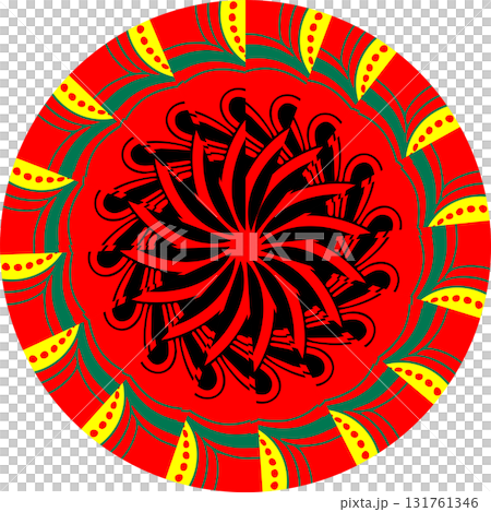 circular mandala design with black spiral core red rings yellow teardrops and green band in bold symmetrical layout circular mandala design with black spiral core red rings yellow teardrops and green band in bold symmetrical layout 131761346