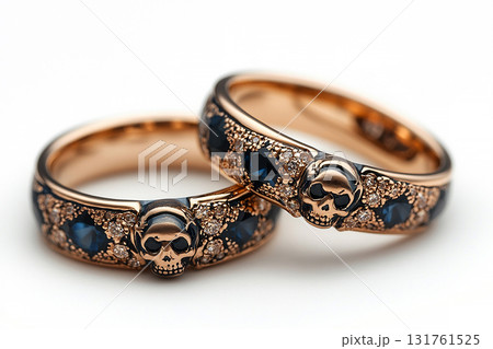 Pair of gold wedding rings with a skull pattern on a white background. Original style. Pair of gold wedding rings with a skull pattern on a white background. Original style. 131761525