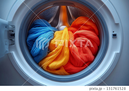 Household. Commercial use. Colorful clothes folded in the drum of the washing machine visible through the glass door on a white background. Household. Commercial use. Colorful clothes folded in the drum of the washing machine visible through the glass door on a white background. 131761528
