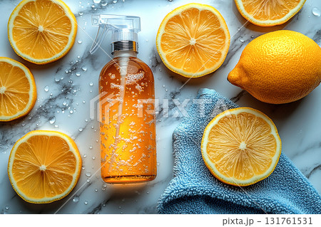 Brand friendly. Minimalist flat lay cleaning concept. Single spray bottle, microfiber cloth and lemon on a white marble background. Brand friendly. Minimalist flat lay cleaning concept. Single spray bottle, microfiber cloth and lemon on a white marble background. 131761531