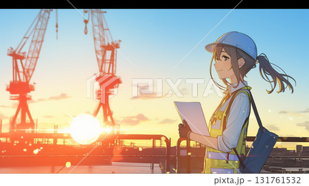 夕暮れの港で働くアニメ美少女エンジニア — 希望を見つめる現場監督 131761532
