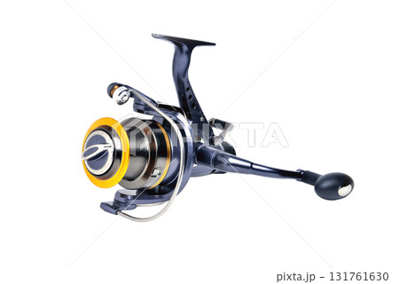 Coil for fishing inertial blue color on white background close-up isolate 131761630