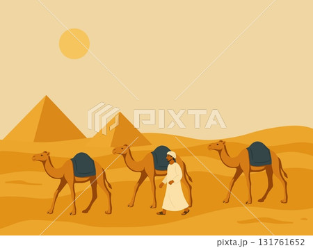 砂漠を歩くラクダとエジプトの人 131761652
