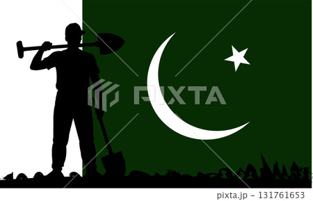 Labor Day in Pakistan Honoring the Hard Work of Laborers with National Flag Silhouette and Farming Tools Scene Labor Day in Pakistan Honoring the Hard Work of Laborers with National Flag Silhouette and Farming Tools Scene 131761653