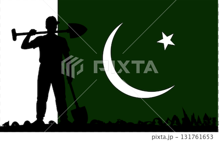 Labor Day in Pakistan Honoring the Hard Work of Laborers with National Flag Silhouette and Farming Tools Scene 131761653