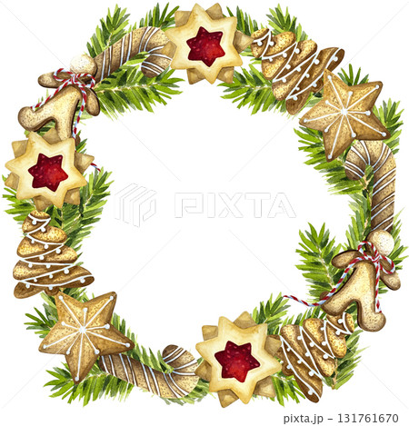 Cute Christmas Watercolor Holiday Set. Christmas tree, cute candy, gingerbreads, cookies ornaments, festive decor. 131761670