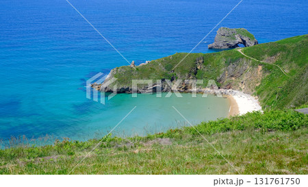 A spectacular, high-angle panoramic photograph capturing the secluded beauty of Playa de Torimbia on the coast of Asturias, Spain. A spectacular, high-angle panoramic photograph capturing the secluded beauty of Playa de Torimbia on the coast of Asturias, Spain. 131761750