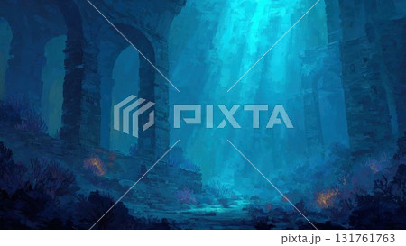 青い水中遺跡の光景 ファンタジー風イラスト 神秘的な海底神殿 131761763