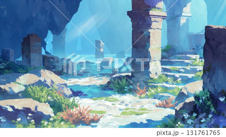 青い海底遺跡の光景 太陽光差す幻想的なイラスト 背景素材 青い海底遺跡の光景 太陽光差す幻想的なイラスト 背景素材 131761765