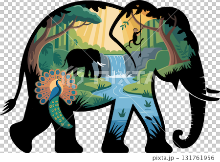 Elephant filled with vibrant forest landscape depicting wildlife connection and natural habitat diversity 131761956