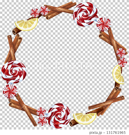 Cute Christmas Watercolor Holiday Set. Christmas tree, cute candy, lemon and cinnamon ornaments, festive decor. 131761965