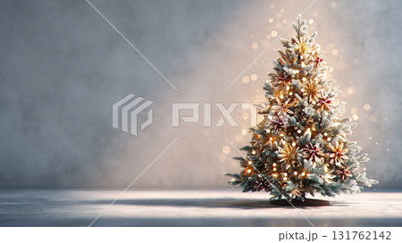 A realistic photo of a glowing Christmas tree with decorations, minimalist and Clean background 131762142