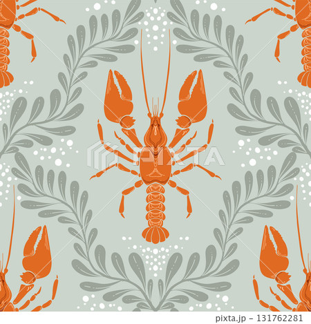 Lobster Seamless Pattern with Seaweed on Green Background. Vintage coastal print with retro seafood illustrations and ocean life. Perfect for marine designs, summer packaging, seaside decor 131762281