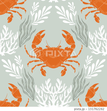 Orange Crab or crayfish Seamless Pattern with Seaweed on Green Background. Vintage coastal print with retro seafood illustrations. Perfect for marine designs, summer and seaside packaging 131762282