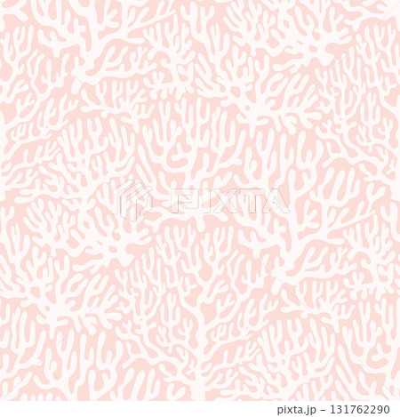 White Coral reef Seamless Sea Pattern on Pink Background. Vintage coastal Minimalistic boho Print with Coral branches. Underwater sea life, coral and algae pastel rose. Perfect for marine baby prints 131762290