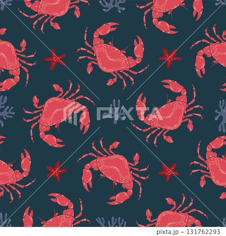 Red Crab or crayfish Seamless Pattern with starfish and coral on Dark Background. Vintage coastal print with retro seafood illustrations. Perfect for marine designs, summer and seaside packaging 131762293