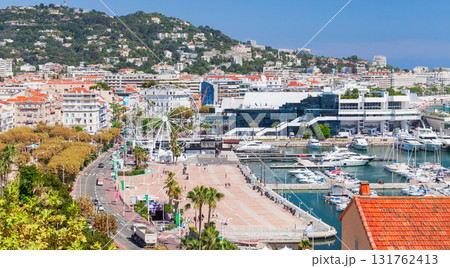 Cannes, France. Aerial scene featuring a busy marina with luxury yachts 131762413