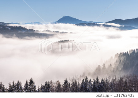 Snowy winter landscape in a misty sunny morning. The Orava region in north of Slovakia, Europe. 131762435