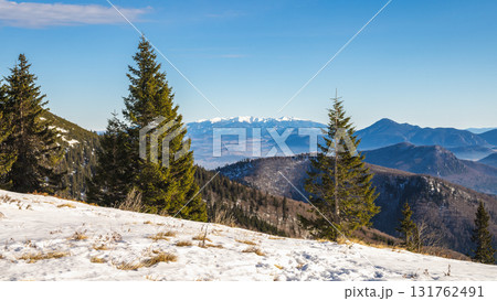 Panoramic mountain view in winter. View from The Mala Fatra national park in Slovakia, Europe. Panoramic mountain view in winter. View from The Mala Fatra national park in Slovakia, Europe. 131762491