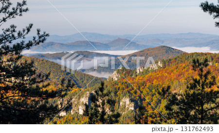 Autumnal mountain view with colorful foliage, layered ridges, and a touch of mist enhancing the scenic vista. The Sulov Rocks, national nature reserve in northwest of Slovakia, Europe. 131762493