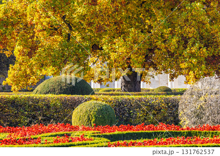 Autumnal foliage crowns a manicured garden with vibrant red flowerbeds, sculpted hedges, and shapely shrubs. The Flower Garden in Kromeriz town in Moravia region of Czech Republic, Europe. 131762537