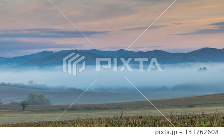 A serene vista of low-lying fog nestled between rolling hills under a pastel-tinged sky at sunrise. A serene vista of low-lying fog nestled between rolling hills under a pastel-tinged sky at sunrise. 131762608
