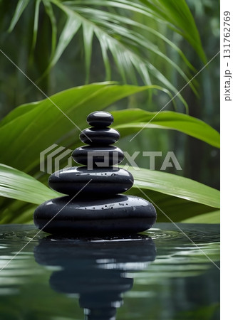 Zen black stones with water drops, spa balance concept, tropical leaves background 131762769