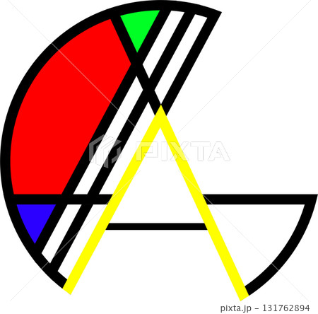 abstract circular logo with segmented geometric shapes and bold yellow letter A 131762894