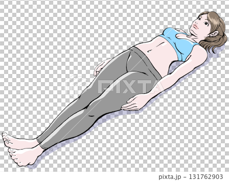 ヨガ・死者のポーズ_まっすぐの姿勢で横たわる若い女性_2_影無し 131762903