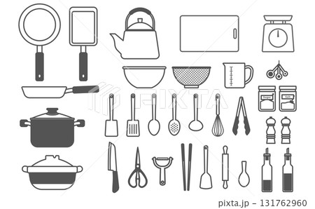 フラットイラスト:調理器具セット(アウトライン) フラットイラスト:調理器具セット(アウトライン) 131762960