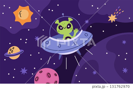 Cute green alien. Little humanoid in ufo, flying in outer space, stars, planets, and comets on background, spaceship in cosmic area, childish banner garish vector cartoon isolated concept Cute green alien. Little humanoid in ufo, flying in outer space, stars, planets, and comets on background, spaceship in cosmic area, childish banner garish vector cartoon isolated concept 131762970