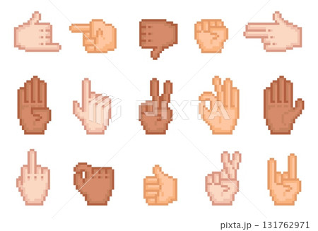 Different colors pixel hands. Retro video games sprites, gesture symbols, 8 bit old school cursors, arms icons, okay and peace, pointing finger, like sign, qualitative vector isolated set 131762971