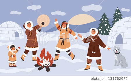 Eskimos life scene. North pole, arctic people, traditional clothes from skin, happy inuit family with kids, dancing around fire, winter landscape cartoon isolated garish vector concept 131762972