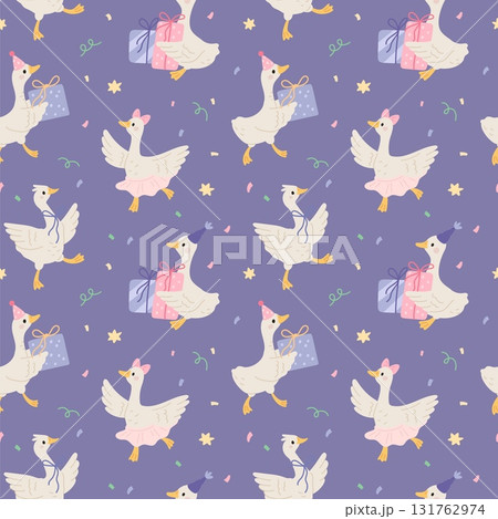 Funny geese seamless pattern. Repeated cartoon farm birds characters, cute goose with birthday gift, holiday textile, wrapping paper, wallpaper. Print for fabric garish vector background 131762974