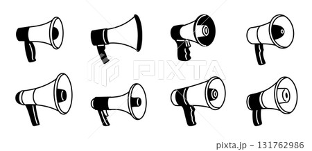 Megaphones icons. Silhouette loudspeakers, devices for loud sound, advertising distribution gadgets sign, acoustic marketing, business logotype or emblems design isolated garish vector set Megaphones icons. Silhouette loudspeakers, devices for loud sound, advertising distribution gadgets sign, acoustic marketing, business logotype or emblems design isolated garish vector set 131762986