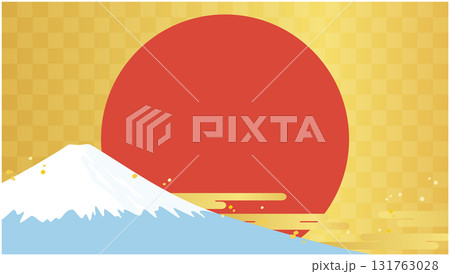 正月、新春、初売りセールのバナー背景　金色の背景に富士山と初日の出・赤丸のベクターイラスト 131763028