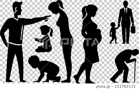Silhouettes depicting human life stages from infancy to adulthood and old age progression 131763113