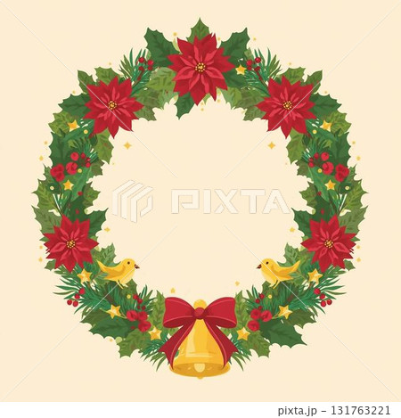 植物リースに小鳥が紛れる温かみのあるクリスマスカード 131763221