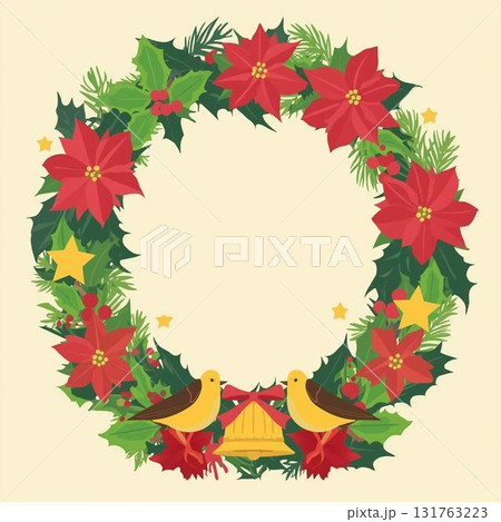 植物リースに小鳥が紛れる温かみのあるクリスマスカード 131763223