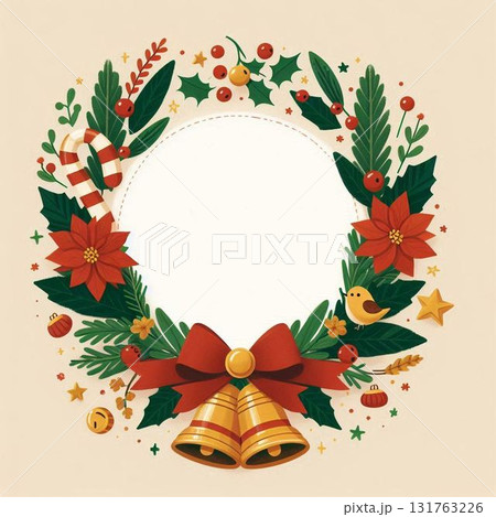 植物リースに小鳥が紛れる温かみのあるクリスマスカード 131763226