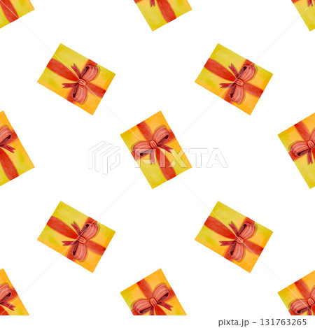 Seamless pattern. Festive yellow boxes with red ribbon. Hand-drawn watercolor illustration. Perfect for holiday decor, cards, and fabric. Seamless pattern. Festive yellow boxes with red ribbon. Hand-drawn watercolor illustration. Perfect for holiday decor, cards, and fabric. 131763265