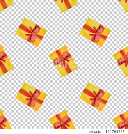 Seamless pattern. Festive yellow boxes with red ribbon. Hand-drawn watercolor illustration. Perfect for holiday decor, cards, and fabric. Seamless pattern. Festive yellow boxes with red ribbon. Hand-drawn watercolor illustration. Perfect for holiday decor, cards, and fabric. 131763265