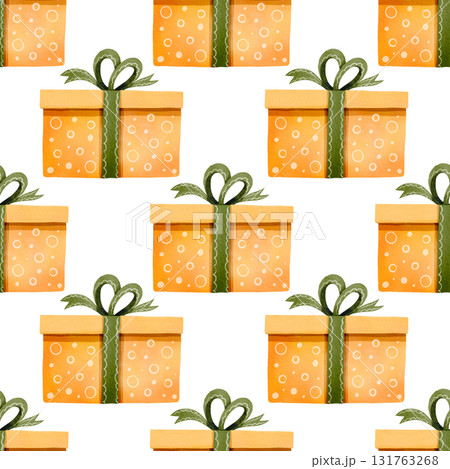 Seamless pattern. Festive orange boxes with a green ribbon. Hand-drawn watercolor illustration. Perfect for holiday decor, cards, and fabric. Seamless pattern. Festive orange boxes with a green ribbon. Hand-drawn watercolor illustration. Perfect for holiday decor, cards, and fabric. 131763268
