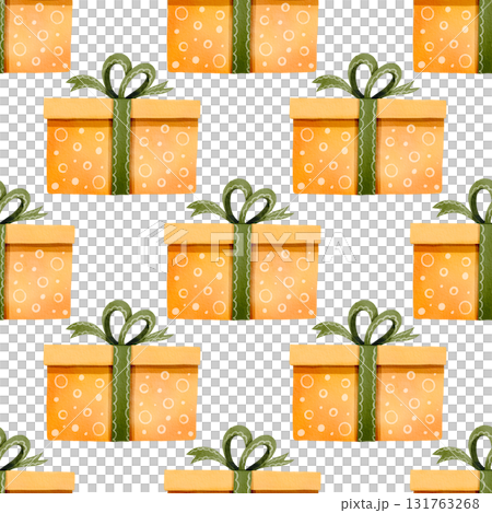 Seamless pattern. Festive orange boxes with a green ribbon. Hand-drawn watercolor illustration. Perfect for holiday decor, cards, and fabric. Seamless pattern. Festive orange boxes with a green ribbon. Hand-drawn watercolor illustration. Perfect for holiday decor, cards, and fabric. 131763268