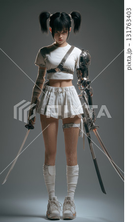 Futuristic warrior with cybernetic arm and swords in minimalist studio setting 131763403