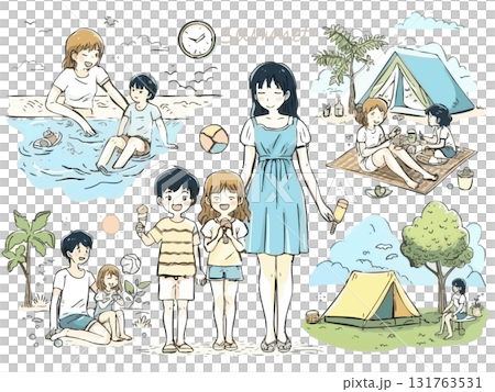Cartoon-style family playing at the beach in summer 131763531