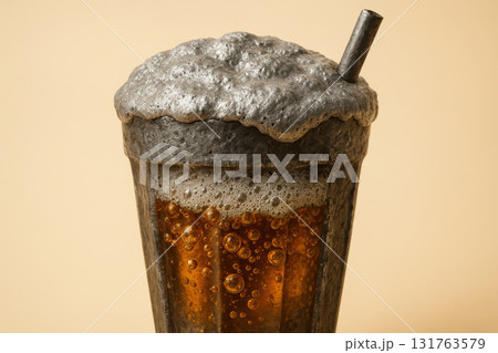 Refreshing glass of dark soda with metal straw, topped with foamy bubbles against a neutral background, AI Generative 131763579