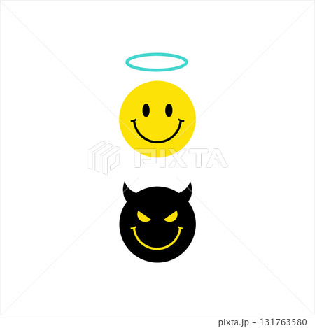 Angel and devil smiley faces isolated on white background, good versus evil concept vector design Angel and devil smiley faces isolated on white background, good versus evil concept vector design 131763580